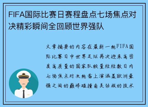 FIFA国际比赛日赛程盘点七场焦点对决精彩瞬间全回顾世界强队